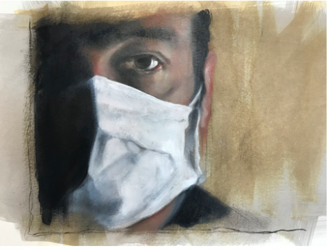 Jac Saorsa, Face in mask. Oil on paper, 2020.