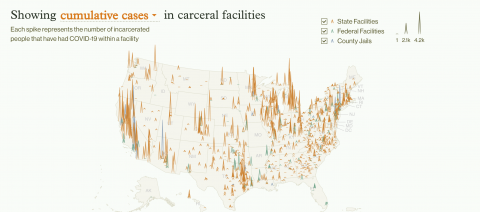 This map displays COVID-19 cases and related deaths of people incarcerated in prisons and jails across the US. 
