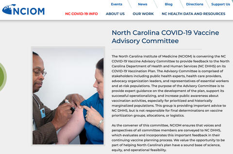 North Carolina COVID-19 Vaccine Advisory Committee website.